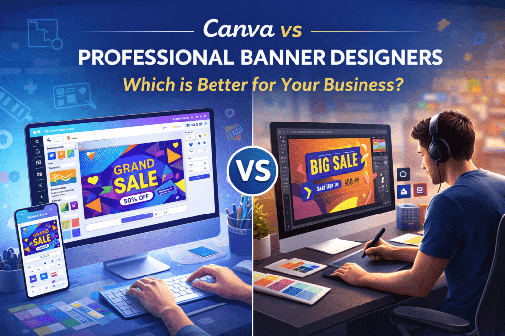 Comparison between Canva templates and professional banner designers creating custom business banner designs.
